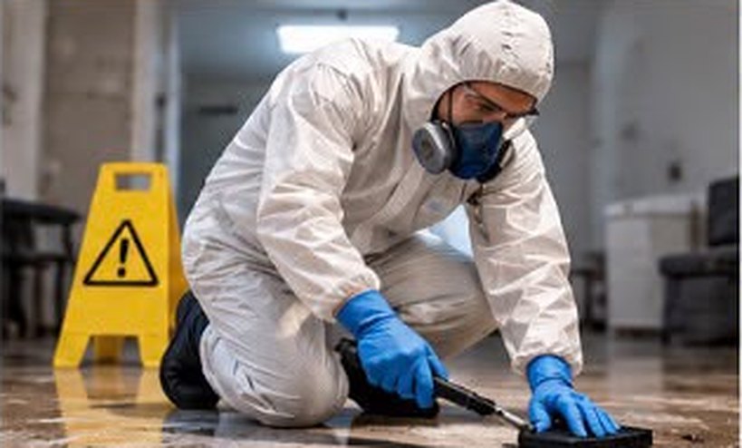 Mitarbeiter in Schutzanzug und Atemschutz reinigt einen Boden