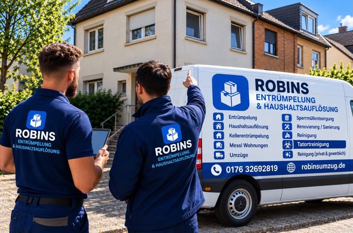 Zwei Mitarbeiter von Robins vor einem Wohnhaus mit dem Firmentransporter