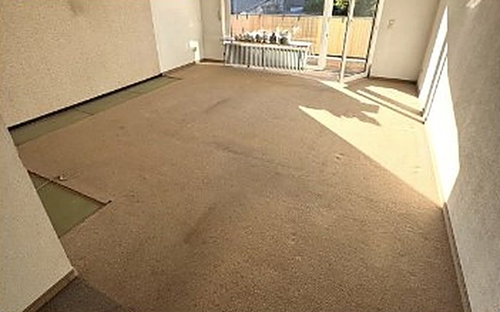 Nachher: leeres Wohnzimmer mit Teppichboden, besenrein